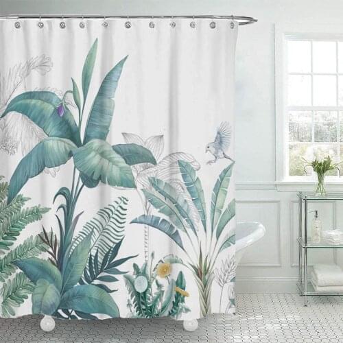 Tropical leaf shower curtain green palm leaf bird bathroom plant flower shower curtain polyester waterproof shower curtain with