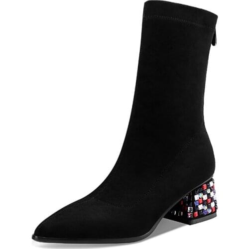 2020 Women Ankle Boots Sock Boots All Match Platform Pointed Toe Square 5.5cm High Heel Slip on Women Boots Big Size 34-43