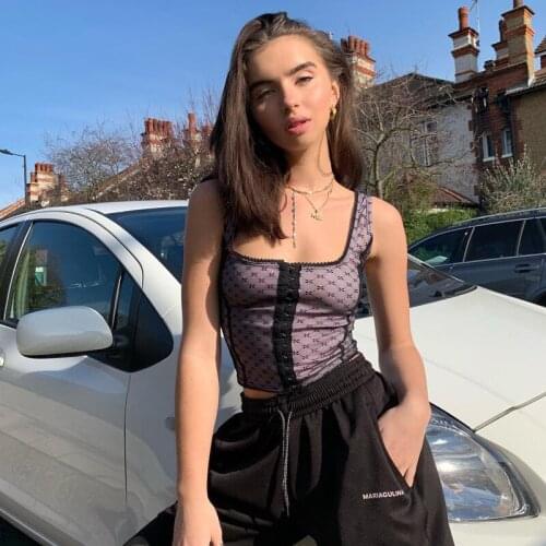 Women Vintage Vest Top Girls Sexy Square Neck Lace Polka Dot Front Button Wave Point Top Sleeveless Purple Party Clubwear