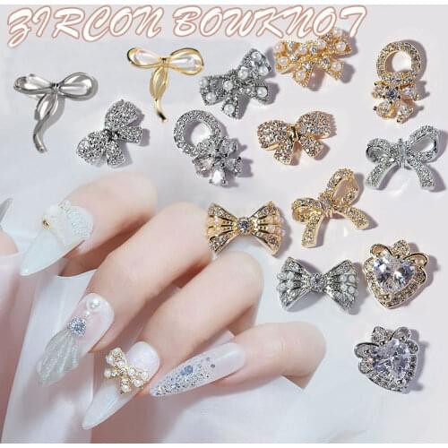 2 Pcss/nail Accessories Golden Silver Love Bow Zircon Pearl Design Gold-plated Ribbon Alloy Pop Design 3D Nail Decoration Art