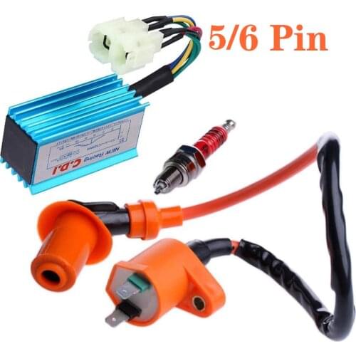 5Pin Motorcycle Racing AC CDI Ignition Box + 6Pin Racing Performance CDI Ignition Coil Spark Plug For GY6 50CC 125CC 150CC moped