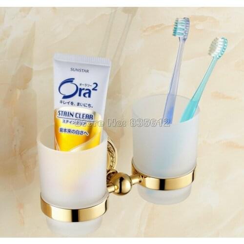Bathroom Accessory Wall Mounted Gold Color Brass Toothbrush Holder with Two Glass Cups Wba610