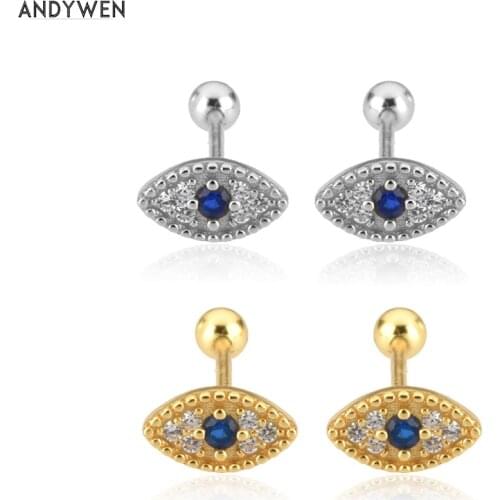 ANDYWEN 925 Sterling Silver Gold Blue Zircon Lucky Eye Stud Earring Piercing Clips Pendiente Luxury Fine Clips Jewels