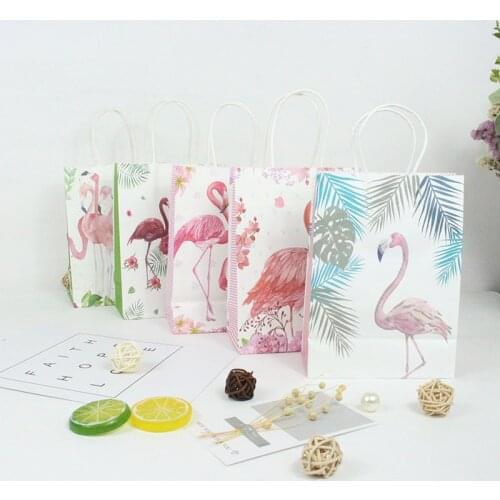 AVEBIEN 10pcs Flamingo Kraft Paper Gift Bag Wedding Decoration Clothes Paper Bag with Handle Party Favors Candy Bag Gift Package