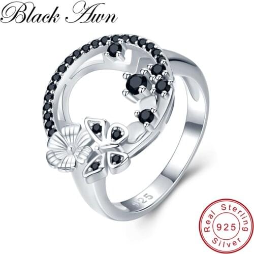 [BLACK AWN] Real 100% 925 Sterling Silver Jewelry Butterfly Black Spinel Rings for Women Silver 925 Jewelry G027