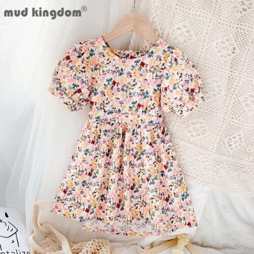 Mudkingdom Dress for Girls Princess Floral Print Puff Sleeves Buttons Show Waist Summer Drop Shoulder Dresses Kids Clothes