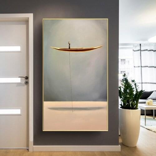 Fantasy Lonely Thinker and Golden Boat Posters and Prints Wall Art Canvas Painting Wall Picture for Living Room Home Decoration