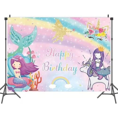Mermaid Rainbow Unicorn Cartoon Backdrops Photo Background House Decorations for Girls Birthday Party Photography Props