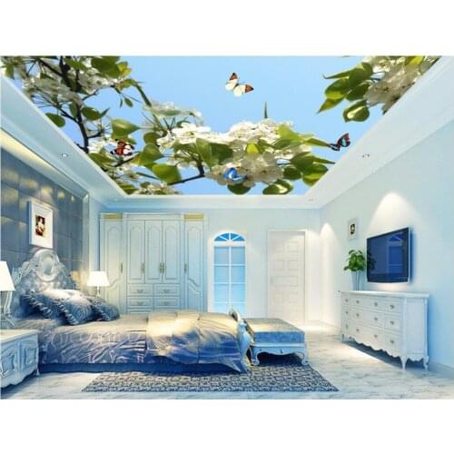 Custom photo 3d ceiling murals wallpaper Non-woven Pear flower blue butterfly decoration painting room wallpaper for walls 3 d