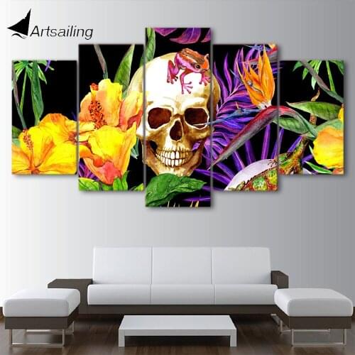 ArtSailing colorful flowe Skull painting 5 Piece Canvas Art HD Printed Wall art Pictures for Living Room