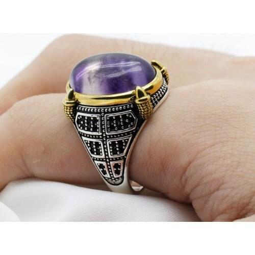 Gorgeous Fluorite Ring for Men Women 925 Sterling Silver Natural Purple Gemstone with Black CZ Rings Vintage Fine Jewelry Gift