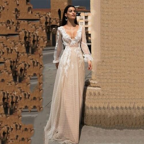 Lace Applique A-Line Ruffle Wedding Dress Puff Sleeves Tulle Boho Wedding Gowns Vestido De Novia V Neck Bride Dresses Brautkleid