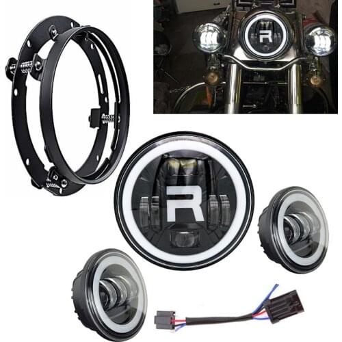 Black Motorcycle 7 inch Moto LED Headlight for Motorbike with 4-1/2"4.5" LED Passing Lamps Fog Lights & 7" Bracket Mounting Ring