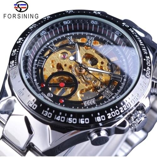 Forsining Golden Racing Sport Wristwatch Silver Stainless Steel Skeleton Open Work Design Men Automatic Watch Top Brand Luxury