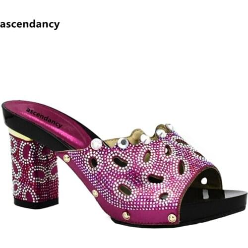 Latest Fuchsia Color African Wedding Shoes High Quality Elegant Italian Women Shoes with Stone High Heels Women Rhinestone Pumps