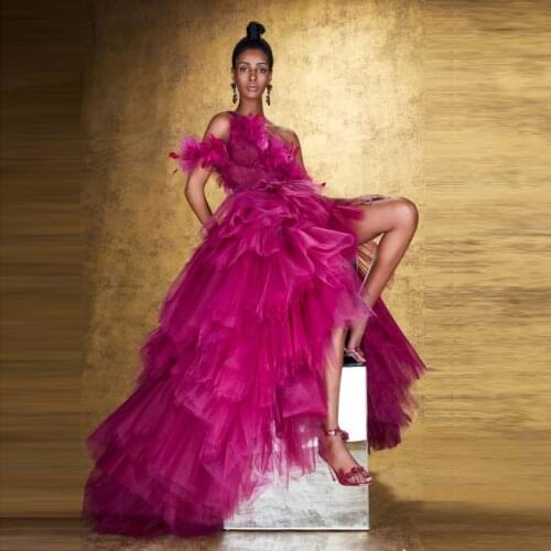 New Arrival Hot Pink Tulle High Low Formal Event Party Dresses Ruffles Tiered Long Mesh Women Dresses Floral One Shoulder Gowns