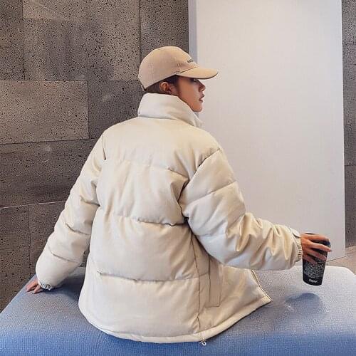 Solid Stand Collar Puffer Coat Winter Parkas Faux PU Leather Warm Long Sleeve Women Outerwear Zipper Pocket Jacket Female Coat