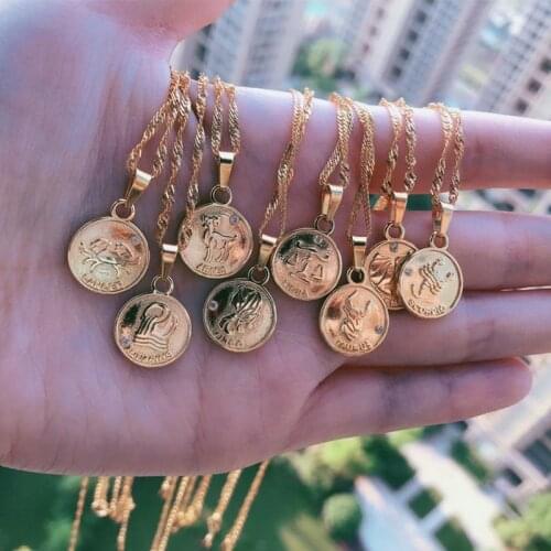 Twelve Horoscope Coin Necklace Women Gold Pendant Necklace Leo Clavicle Chain Sign Gift 12 Constellation Female Couple Jewelry