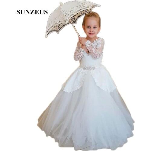 Long Sleeve Ivory Flower Girls Dresses Puffy Skirt Lace Party Dress for Children Peplum Beaded Waist First Communion Gowns SF42