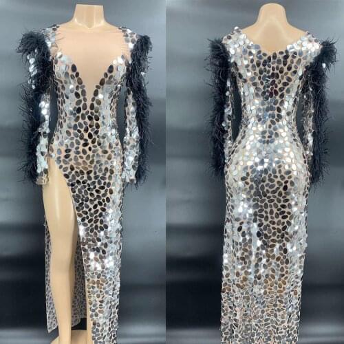 Sexy Feathers Sequin Perspective Party Long Dress Women High Slit Birthday Celebration Evening Dress Singer Stage Costumes