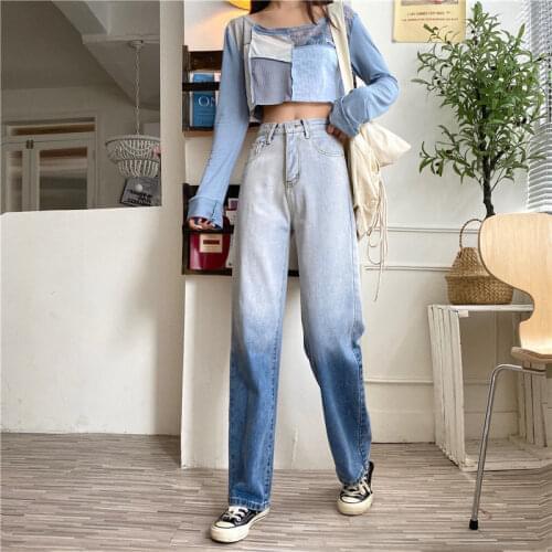 Loose Wide-Leg Pants Harajuku Denim Trousers Design Gradient High-Waist Jeans Women Spring and Summer 2021 New Trend Straight