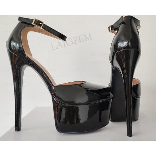 BERZIMER Women Platform Pumps Round Toe Shiny Black Thin High Heels Sandals Dress Cosplay Shoes Woman Big Size 41 45 47 52