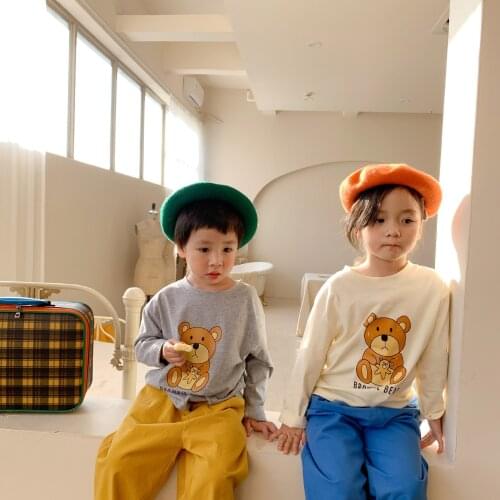 Spring Fashion New Kids Girls and Boys Cartoon Long Sleeved Bear Pattern T-shirt Tops