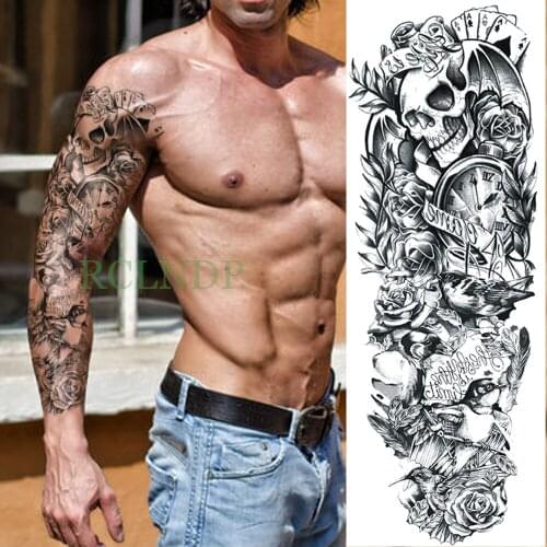 Waterproof Temporary Tattoo Sticker skull head rose clock full arm fake tatto flash tatoo sleeve large size for men women lady