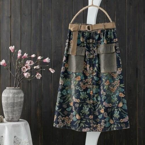 2021 New Arrival Spring Women Casual Big Pocket A-line Design Mid-calf Skirt Elastic Waist Vintga Print Cotton Denim Skirts W597