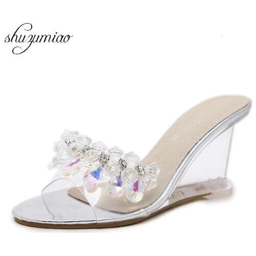 Women Shoes Summer 2019 High Quality Sexy rystal Transparent Diamond Wedges Sandals High heels 8.5cm Slope Sandals Female 4 Styp