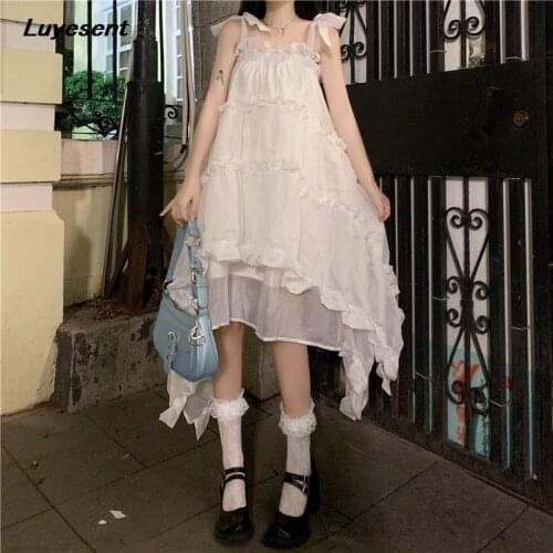 Women White Lace-up Bow Strap Loose Prince Ball Gown Dress 2021 Summer Lady Sweet Lolita Ruffles Oversize Sleeveless Dresses
