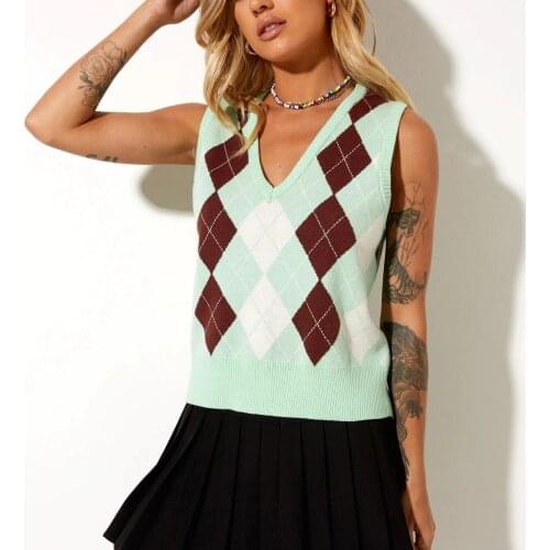 Winter clothes women vintage sweater vest top knitted argyle sweaters for women fashion knitted vest cute argyle sweater kawaii