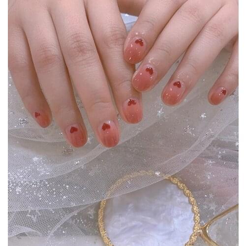 24pcs Artificial Nail With Glue Short Round Pink Gradient Love Nail Sticker Finished Fake Nails Press On Nail Design For Girl DL