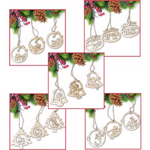 3PCS Vintage Christmas Wooden Pendants Ornaments DIY Wood Crafts Xmas Tree Ornaments Christmas Party Decorations