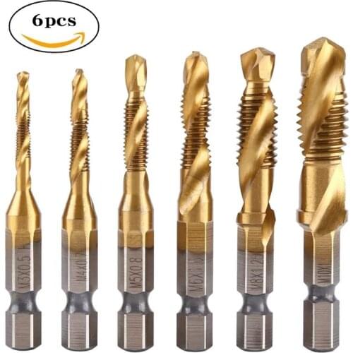 6Pcs Tap Drill Hex Shank HSS Screw Thread Metric Tap Drill Bits Screw Machine Compound M3 M4 M5 M6 M8 M10 Tools