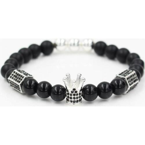 8mm uj56 gold silver micro pave cz zircon cubic zirconia Bracelet adjusted bead Crown black stone volcanic lava Bangles