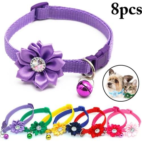 8pcs Adjustable Nylon Dog Collars Pet Collars With Bells Flower Charm Necklace Collar For Little Dogs Cat Collars Pet Supplies