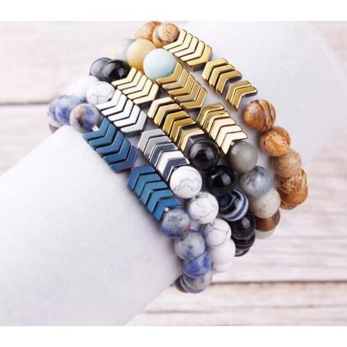 B2312 ZWPON Semi Precious Ball Beaded Chevron Stretch Bracelets for Women Fashion Elastic Natural Stone Beads Arrow Bracelets