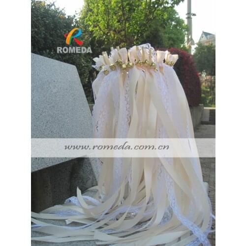 FREE SHIPPING--(50Pieces/Lot)Style D cream ribbon lace wedding wands with bell Wedding Ribbon Stick,ribbon Twirling Streamers