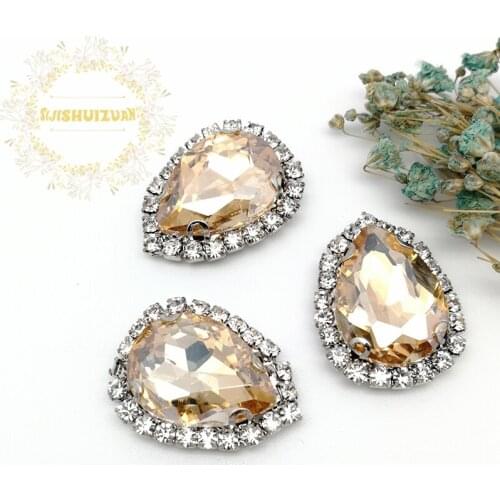Free shipping! Champagne Water drop shape Glass Crystal buckle sew on rhinestones with chain claw Diy Clothing accessories