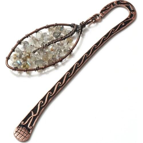 FYSL Copper Wire Wrap Marquise Shape Labradorite Stone Bookmark Pendant Amethysts Tree of Life Jewelry