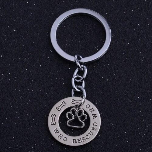 Hot Who Rescued Who Bone Charm Dog Tag Pet Cat Paws Print Car Pendant Keychain Key Ring Holder Trinket Key Chain Women Men Girls
