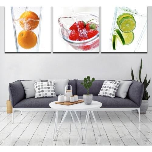3 Pieces Modular Strawberry Paintings Canvas Wall Art Fruits Posters Prints Modern Pictures for Living Room Decor Frame Artwork