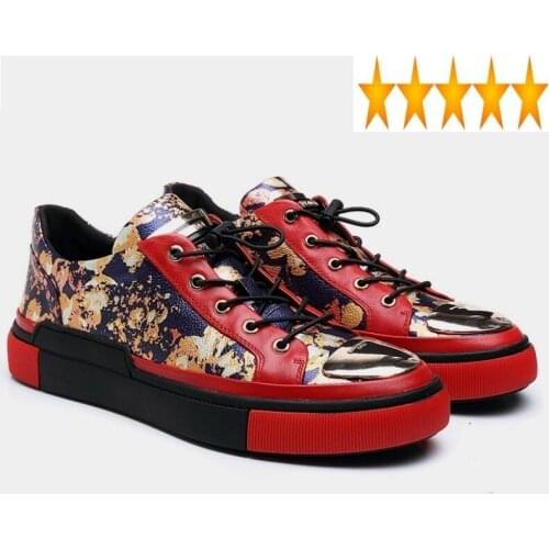 Red Spring Men New Genuine Leather Casual Shoes Luxury Printing Sequins Sneakers Lace Up Round Toe Hip Hop Mans Footwear
