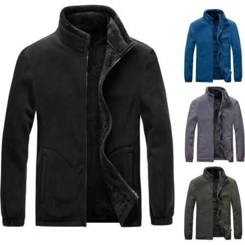 Men Jacket Casual Loose Stand Collar Long Sleeve Coat Plus Velvet Cardigan Coat Fleece Zipper Closure Warm Jacket Outerwear