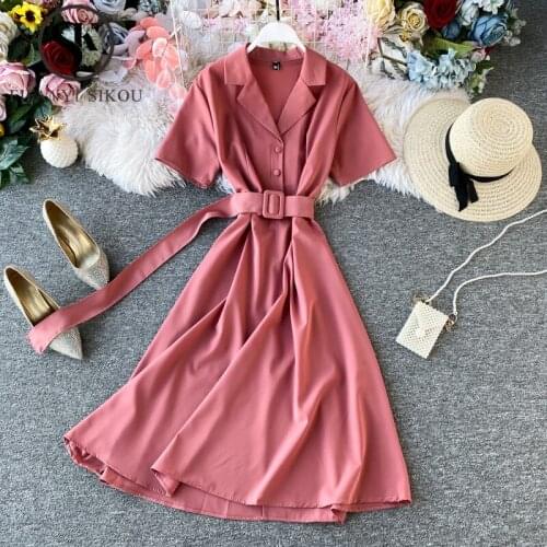 Summer Dress Women Fashion Notched collar Short sleeve Mid Long Dress With Belt Lady High quality Casual Party Dress Vestidos
