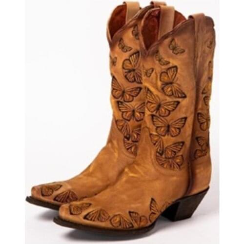 Fashion Embossed Microfiber Leather Women Boots Butterfly Embroidery Pointed Toe Western Cowboy Boots Chunky Knee-High Boots