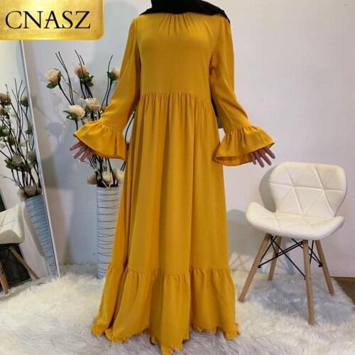 2020 New Arrivals Muslim Islamic Fashion Ladies Dress Arab Turkey Middle East Elegant Sample Dress Yellow color