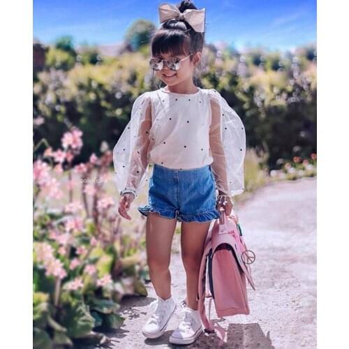 Toddler Baby Contrast Color Infant Girls O-neck Dot Long Sleeve Tops + Folds Denim Short Pants Two-pieces Set