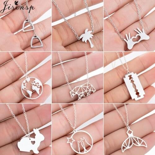 Jisensp Stainless Steel Horseshoe Necklace Women Punk Jewelry Cute Tail Bear Rabbit Pendant Necklaces Choker collier femme 2019